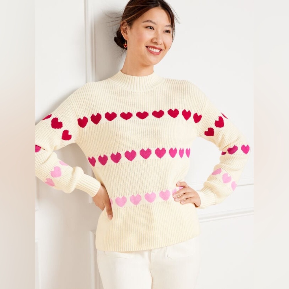 NWT Talbots Shaker Stitch Mockneck  Valentines Day Hearts Sweater Size PL